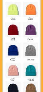 Multiple colors of unisex knitted beanies featuring neon, purple, and blue ribbed textures