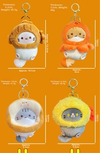 Detailed plush cat keychains set with dimensions and lobster clasp in 2x2 grid view