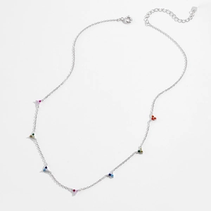 Detail of S925 sterling silver long chain necklace with colorful zircon triple-stone charms