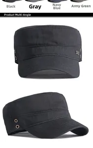 Detail view of cotton flat top military cap showing metal eyelets and multiple colors