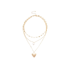 Three-layer gold necklace with heart charms, white bead, and floral embossed locket