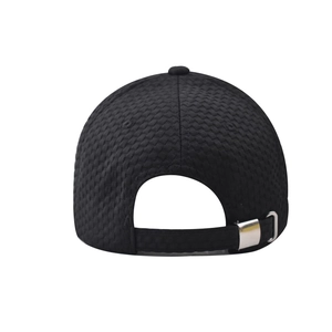 Detail view of black baseball cap with textured fabric and adjustable metal buckle back