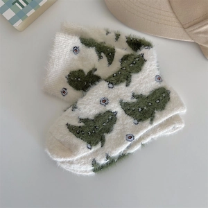 Winter plush coral fleece socks with green dinosaur and floral patterns for cozy home wear