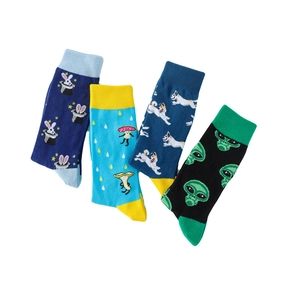 Flat lay of four mid-calf cotton socks with rabbit, mushroom, dog and alien patterns