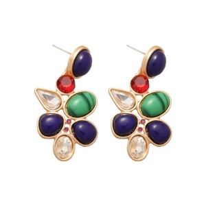 Vintage gold metal earrings with colorful waterdrop rhinestones and emerald crystals