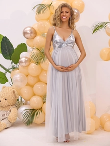 Robe De Maternité Maxi À Paillettes Et Maille Col V Sans Manches Fendue Dos Nu Sexy Robe De Soirée Pour Femmes Enceintes Gris