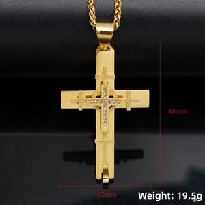Detailed dimensions of gold layered cross necklace with clear zircon inlay measurements