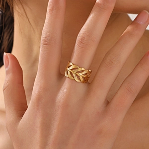 Chic gold plated hollow leaf open ring for women with adjustable minimalist nature design