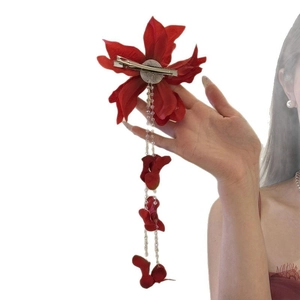 Elegant red fabric spider lily hair clip with long beaded tassels for vacation