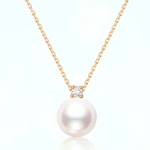 Collier élégant en or rose avec un pendentif perle blanche ronde et un zircon brillant