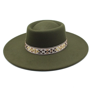 Dark green wide brim wool felt hat with vintage ethnic pattern headband for men and women