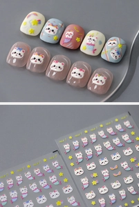 Detail of cute cartoon cat and mermaid nail art stickers with 3D embossed texture
