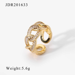 Gold-plated chain-link ring with rectangular zircons and adjustable open band design