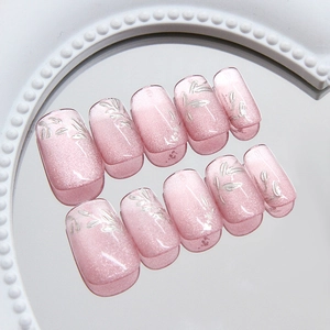 Press On Nails Pink Cat Eye Silver Leaf Design Short Square Round Handmade ABS Plastic For Women