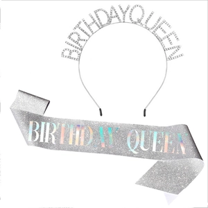 Detail showing silver BIRTHDAY QUEEN tiara and glitter sash for girls birthday parties