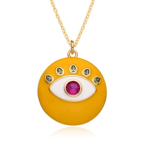 Golden necklace with pink center stone and green drop stones in evil eye design