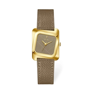 Montre Scottie femme carrée dorée avec bracelet en cuir marron et cadran marron café