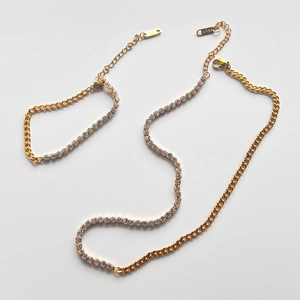 18k gold plated Cuban and zircon tennis chain jewelry set with necklace and bracelet