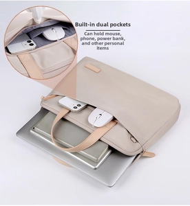 Macro detail of the beige laptop bag inner compartment for digital accessories storage