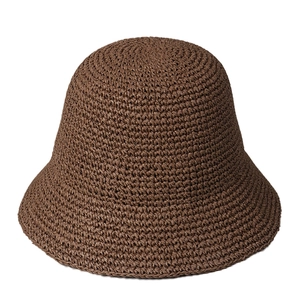 Handmade crochet straw bucket sun hat in dark brown with foldable chic woven design
