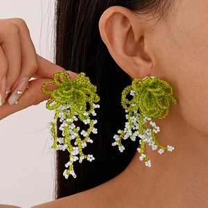 Handmade Woven Bead Earrings With Silver Earring Post Butterfly Bow Flower Cluster Long Tassel Vacation Style For Women