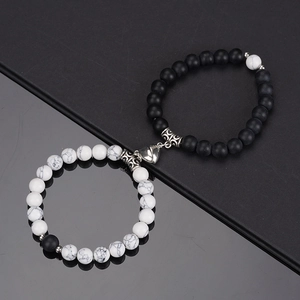Magnetic heart couple bracelets with matte black and white marble natural stone beads