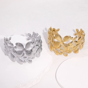 Bracciale rigido aperto con motivo giglio in acciaio inossidabile oro 18k e argento