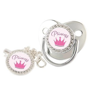 Detailed view of silver rhinestone baby pacifier and clip with pink Princess crown design