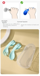 Macro detail of the curved handle fork and spoon set with storage box for toddlers