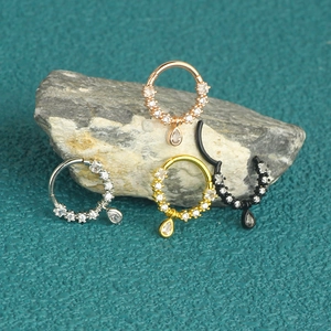 Zircon inlaid stainless steel nose rings with teardrop charms in four metal finishes