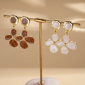 Elegant floral drop earrings with brown and white enamel petals and gold plating
