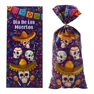Purple Day of the Dead candy bags with skull patterns and Dia De Los Muertos text