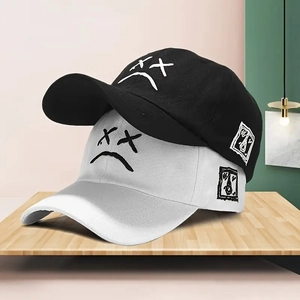 Cotton Baseball Cap Embroidered Sad Face XX Eyes Curved Brim Adjustable Hat Sun Protection Streetwear Unisex Black White