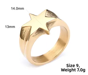 Detailed view of vintage gold star stainless steel ring with 14mm size specifications