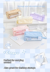 Macro shot of large capacity transparent pencil cases in five soft pastel aesthetic colors