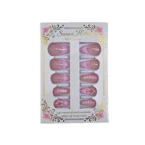 24pcs pink almond press on nails with 3D floral designs and golden beads on floral card