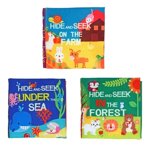 Set of 3 washable baby soft books featuring farm, sea, and forest hide and seek themes
