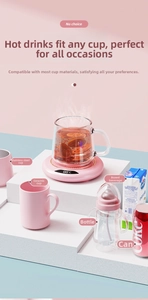 Pink smart cup warmer with LED display showing temperature for various mug materials