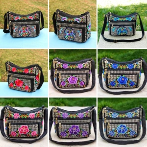 Collage of colorful ethnic embroidery patterns on various floral canvas shoulder bags