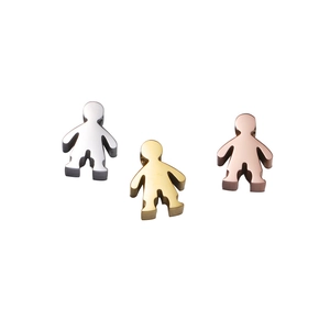 Polished stainless steel boy charms in silver, gold, and rose gold finishes on white background