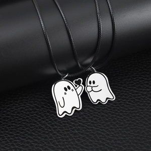 Cute Halloween ghost couple necklaces with heart charms and black woven cords