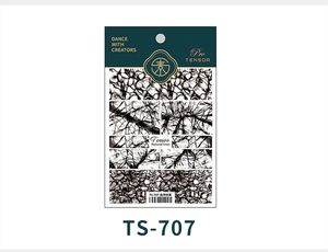 Detailed view of TS-707 nail sticker featuring black natural branch and crack patterns