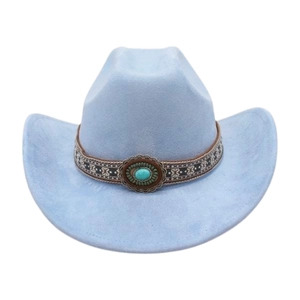Detail of light blue felt cowboy hat featuring ethnic band with turquoise stone inlay