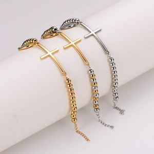 Bracelets à perles vintage en acier inoxydable avec breloques croix en or et argent