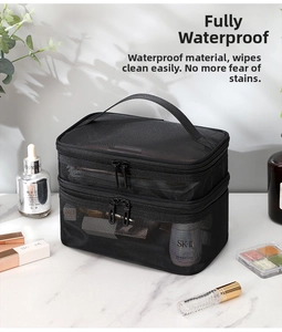 Detail view of double-layer mesh toiletry bag with waterproof fabric and carry handle