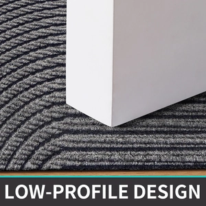 Macro view of thin gray PVC coil mat with low-profile design and durable texture