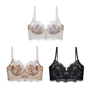 Lace bralette set for women featuring white, black and champagne floral eyelash embroidery