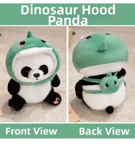 Detail of shark-costume panda plush with soft green hood, embroidery and mini backpack