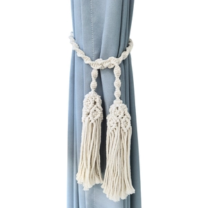 Handmade macrame curtain tieback with beige cotton rope and elegant fringe tassels