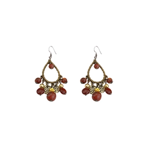 Ethnic teardrop drop earrings with reddish-brown stone beads and gold metal tassels